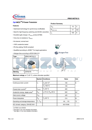 IPB031NE7N3G datasheet - OptiMOSTM3 Power-Transistor