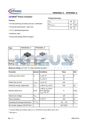 IPB065N06LG datasheet - OptiMOS^ Power-Transistor