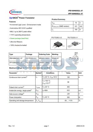 IPB100N08S2L-07 datasheet - OptiMOS^ Power-Transistor