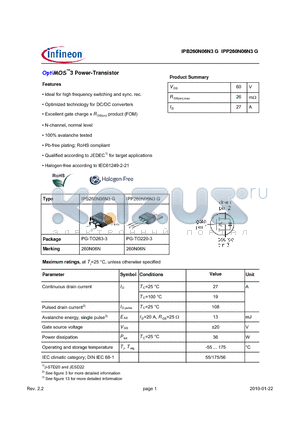 IPB260N06N3G datasheet - OptiMOS3 Power-Transistor