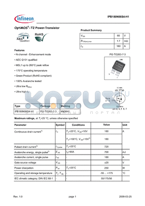 IPB180N06S4-H1 datasheet - OptiMOS-T2 Power-Transistor
