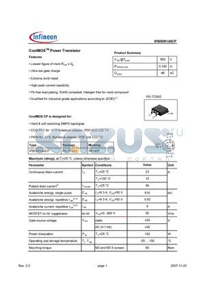 IPB50R140CP datasheet - CoolMOS Power Transistor