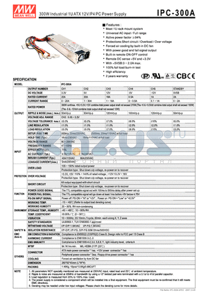 IPC-300A datasheet - 300W Industrial 1U ATX 12V/P4 PC Power Supply