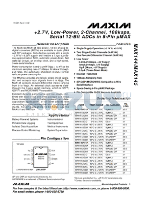 MAX144ACPA datasheet - 2.7V, Low-Power, 2-Channel, 108ksps, Serial 12-Bit ADCs in 8-Pin lMAX