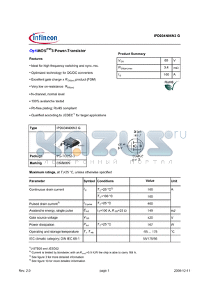 IPD034N06N3G datasheet - OptiMOS(TM)3 Power-Transistor