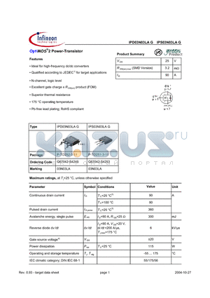 IPD03N03LA datasheet - Ideal for high-frequency dc/dc converters Qualified according to JEDEC for target applications