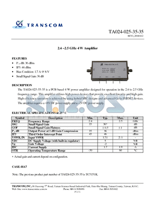 TA024-025-35-35 datasheet - 2.4 -2.5 GHz 4 W Amplifier