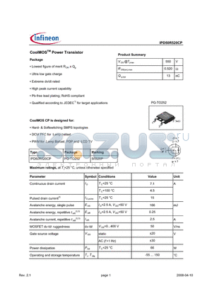 IPD50R520CP_08 datasheet - CoolMos Power Transistor