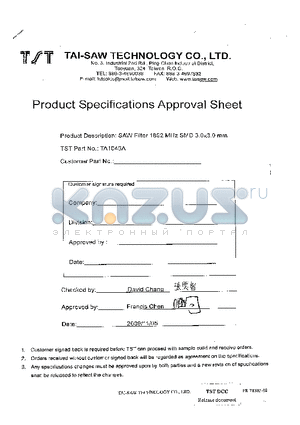 TA1046A datasheet - SAW Filter 1892 MHz