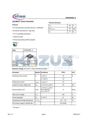 IPD640N06LG datasheet - OptiMOS^ Power-Transistor Features For fast switching converters and sync. rectification