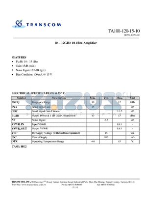 TA100-120-15-10 datasheet - 10 - 12GHz 10 dBm Amplifier