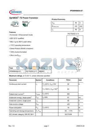 IPD90N06S4-07 datasheet - OptiMOS-T2 Power-Transistor