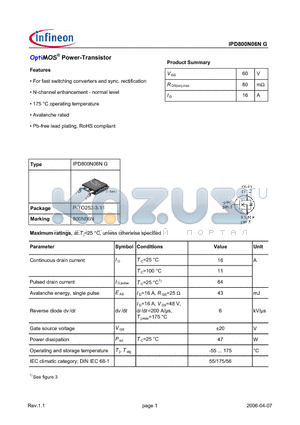 IPD800N06NG datasheet - OptiMOS^ Power-Transistor