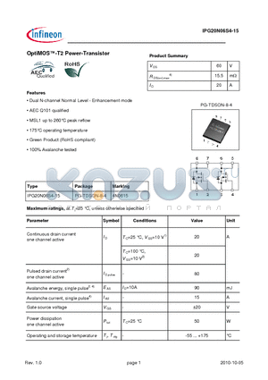IPG20N06S4-15 datasheet - OptiMOS-T2 Power-Transistor
