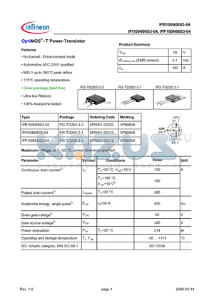 IPI100N06S3-04 datasheet - OptiMOS-T Power-Transistor