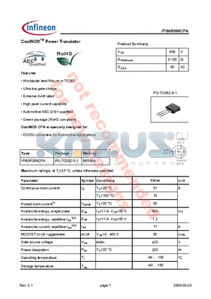 IPI60R099CPA datasheet - CoolMOS Power Transistor