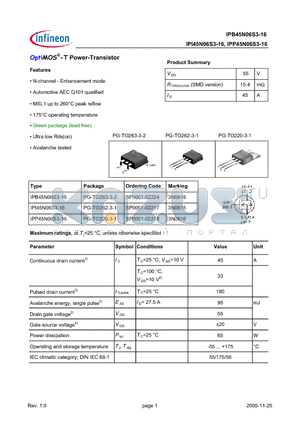 IPI45N06S3-16 datasheet - OptiMOS-T Power-Transistor