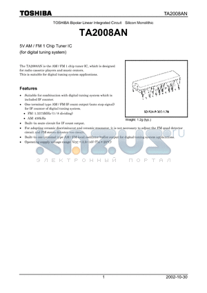 TA2008AN datasheet - 5V AM / FM 1 Chip Tuner IC (for digital tuning system)