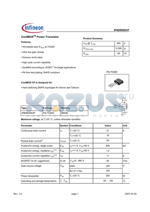 IPI60R099CP datasheet - CoolMOSTM Power Transistor