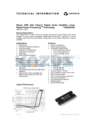 TA2020-020 datasheet - Stereo 20W (4) Class-T Digital Audio Amplifier using Digital Power Processing Technology