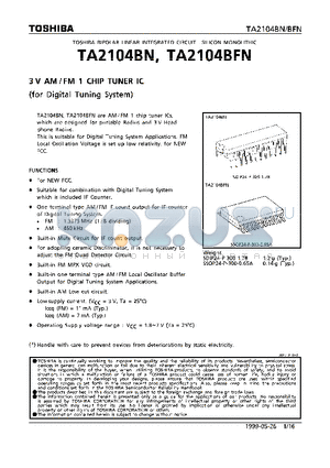 TA2104BFN datasheet - 3V AM/FM 1 CHIP TUNER IC (FOR DIGITAL TUNING SYSTEM)