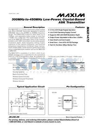 MAX1472AKA-T datasheet - 300MHz-to-450MHz Low-Power, Crystal-Based ASK Transmitter