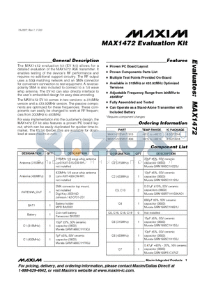 MAX1472EVKIT-315 datasheet - Evaluation Kit