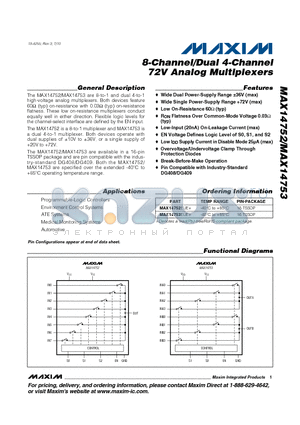 MAX14752 datasheet - 8-Channel/Dual 4-Channel 72V Analog Multiplexers