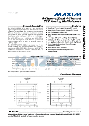 MAX14753EUE+ datasheet - 8-Channel/Dual 4-Channel 72V Analog Multiplexers