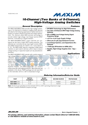 MAX14806CCM+ datasheet - 16-Channel (Two Banks of 8-Channel), High-Voltage Analog Switches