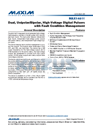 MAX14811 datasheet - Dual, Unipolar/Bipolar, High-Voltage Digital Pulsers with Fault Condition Management