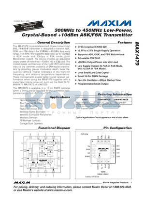 MAX1479ATE+ datasheet - 300MHz to 450MHz Low-Power, Crystal-Based 10dBm ASK/FSK Transmitter