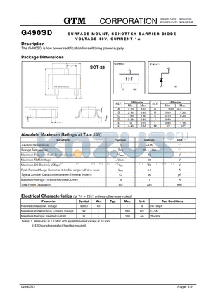 G490SD datasheet - SURFACE MOUNT, SCHOTTKY BARRIER DIODE VOLTAGE 40V, CURRENT 1A