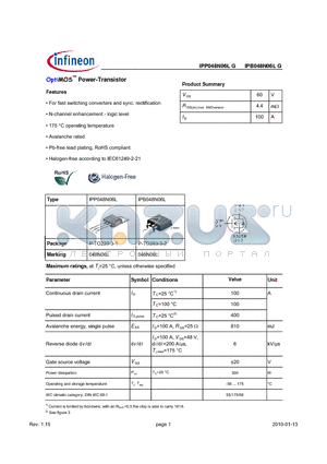 IPP048N06LG datasheet - OptiMOS Power-Transistor Features For fast switching converters and sync. rectification