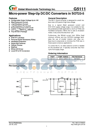G5111 datasheet - Micro-power Step-Up DC/DC Converters in SOT23-5