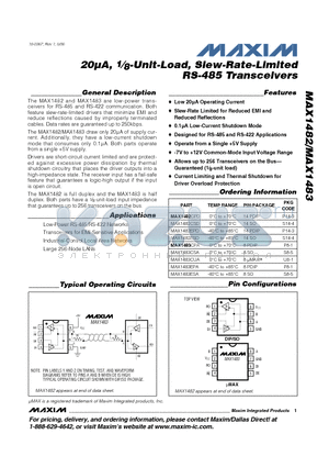 MAX1483CSA datasheet - 20^, 1⁄8-Unit-Load, Slew-Rate-Limited RS-485 Transceivers