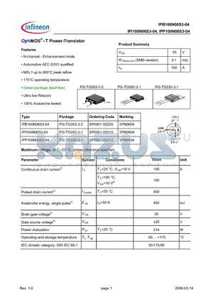 IPP100N06S3-04 datasheet - OptiMOS-T Power-Transistor