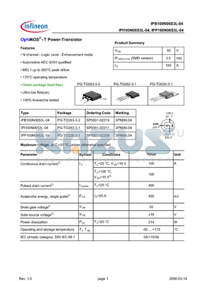 IPP100N06S3L-04 datasheet - OptiMOS-T Power-Transistor