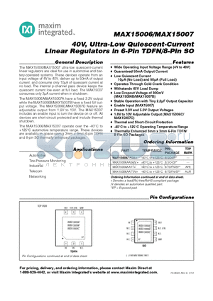 MAX15006BATT+ datasheet - 40V, Ultra-Low Quiescent-Current Linear Regulators in 6-Pin TDFN/8-Pin SO