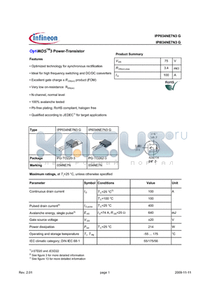 IPP034NE7N3G datasheet - OptiMOSTM3 Power-Transistor Features Optimized technology for synchronous rectification