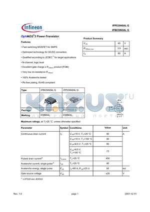 IPP039N04LG datasheet - OptiMOS3 Power-Transistor