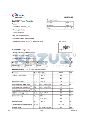 IPP50R520CP datasheet - CoolMOSTM Power Transistor