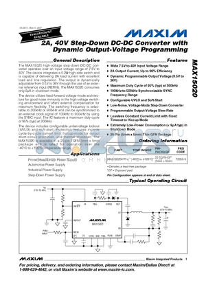 MAX15020ATP+ datasheet - 2A, 40V Step-Down DC-DC Converter with Dynamic Output-Voltage Programming