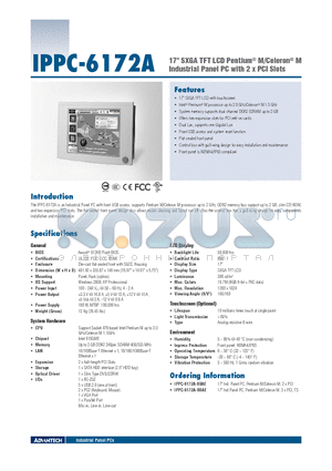 IPPC-6172A-X0AE datasheet - 17 SXGA TFT LCD Pentium^ M/Celeron^ M Industrial Panel PC with 2 x PCI Slots