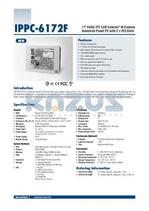 IPPC-6172F-R0AE datasheet - 17 SXGA TFT LCD Celeron^ M Fanless Industrial Panel PC with 2 x PCI Slots