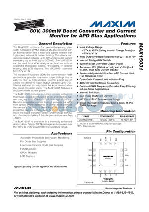 MAX15031ATE+ datasheet - 80V, 300mW Boost Converter and Current Monitor for APD Bias Applications