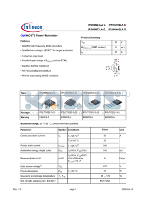 IPSH6N03LAG datasheet - OptiMOS Power-Transistor Feature Enhancement mode Logic Level Avalanche rated