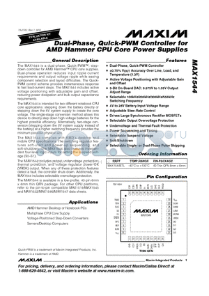 MAX1544ETL datasheet - Dual-Phase, Quick-PWM Controller for AMD Hammer CPU Core Power Supplies