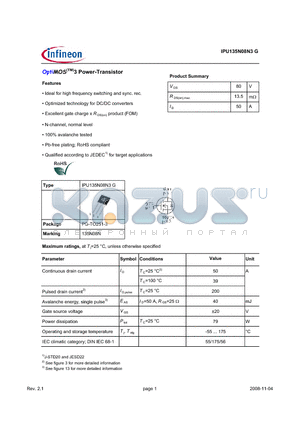 IPU135N08N3G datasheet - OptiMOS(TM)3 Power-Transistor