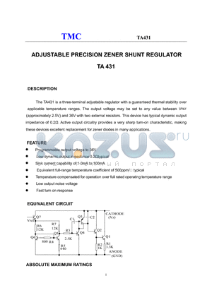 TA431 datasheet - ADJUSTABLE PRECISION ZENER SHUNT REGULATOR